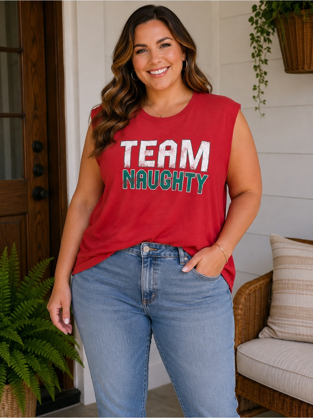 Holiday Time "Team Naughty" Festive Christmas Graphic Muscle Tee XL #Q560